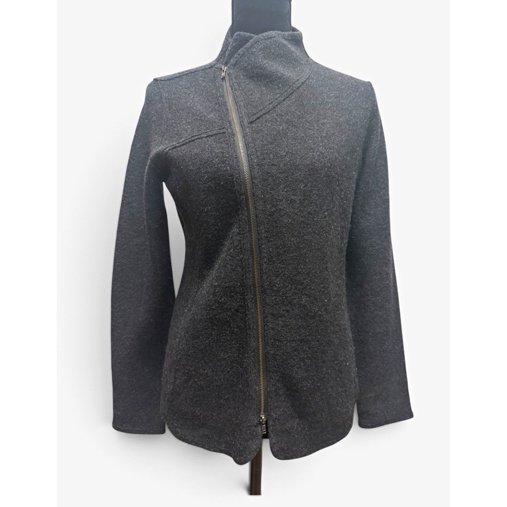 Eileen Fisher Womens PM Petite Gray Merino Wool Asymmetrical Zip Jacket Pockets